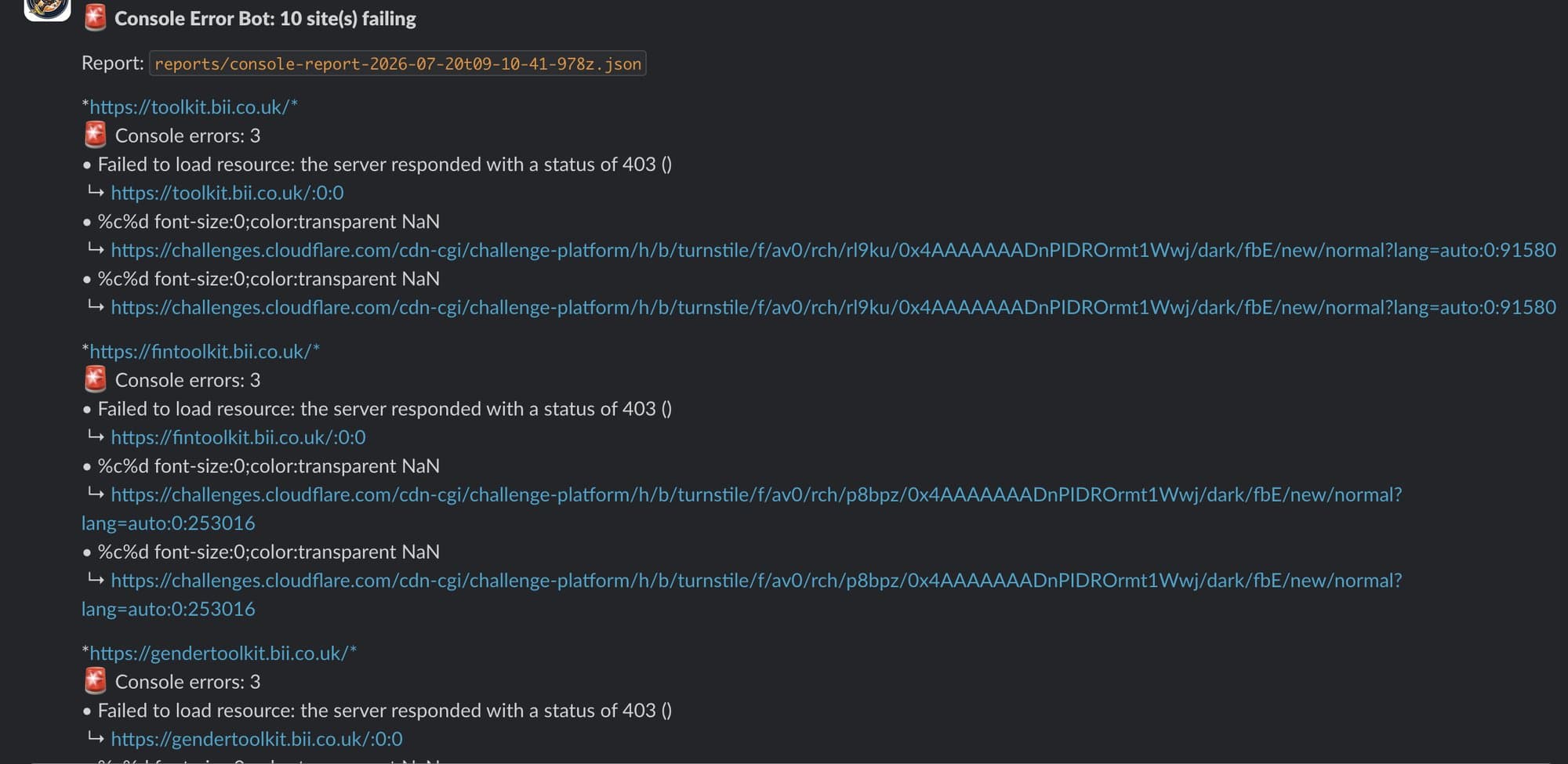Slack alert from the Console Error Bot listing failing sites with their console errors and source URLs