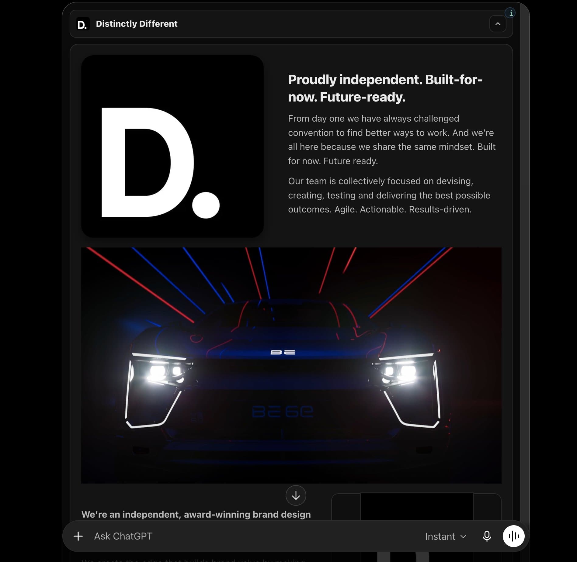 Rich River widget inside ChatGPT showing the Dusted brand panel and campaign imagery