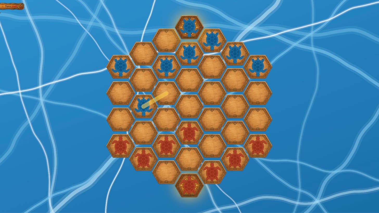 Mid-game board with red turtles advancing up the middle and the blue AI's last move shown as a trail